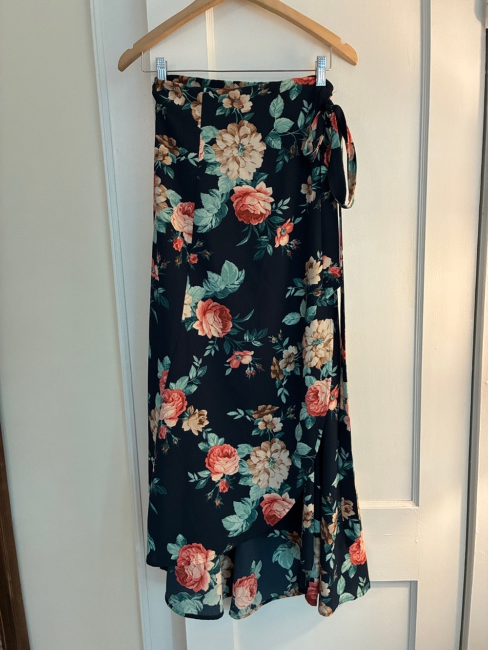 Bobeau Navy Floral Wrap Maxi Skirt with Coral & Cream Roses